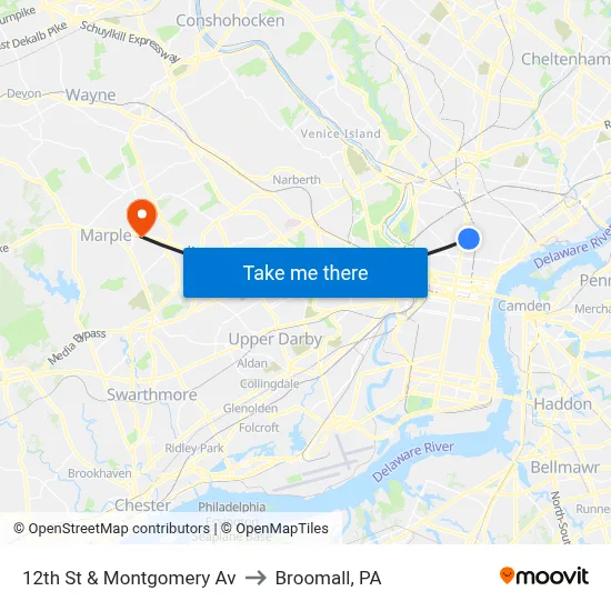 12th St & Montgomery Av to Broomall, PA map