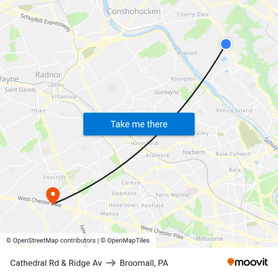 Cathedral Rd & Ridge Av to Broomall, PA map