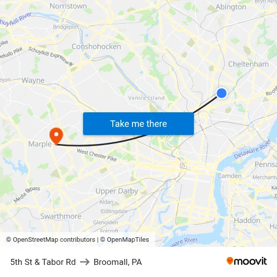 5th St & Tabor Rd to Broomall, PA map