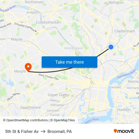 5th St & Fisher Av to Broomall, PA map