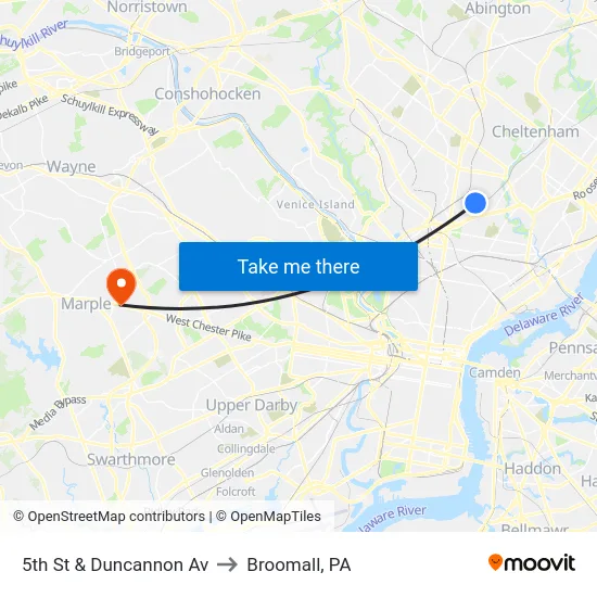 5th St & Duncannon Av to Broomall, PA map