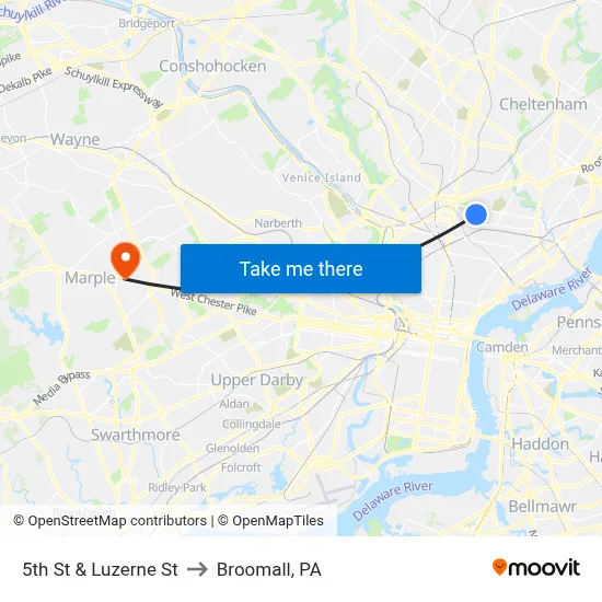 5th St & Luzerne St to Broomall, PA map
