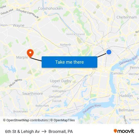 6th St & Lehigh Av to Broomall, PA map