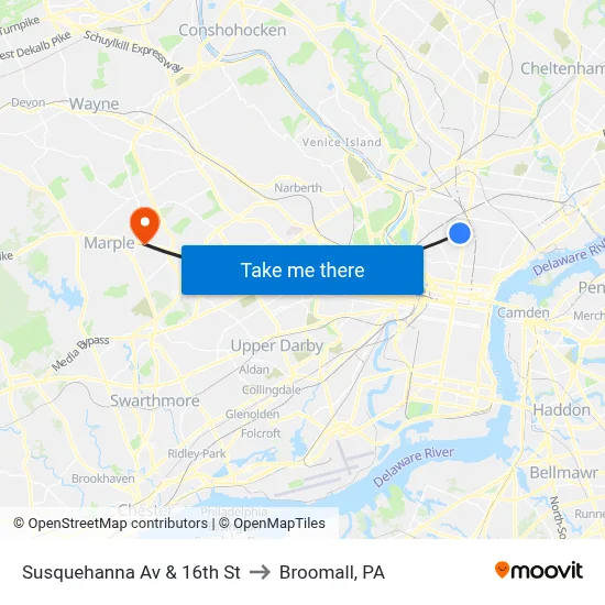 Susquehanna Av & 16th St to Broomall, PA map
