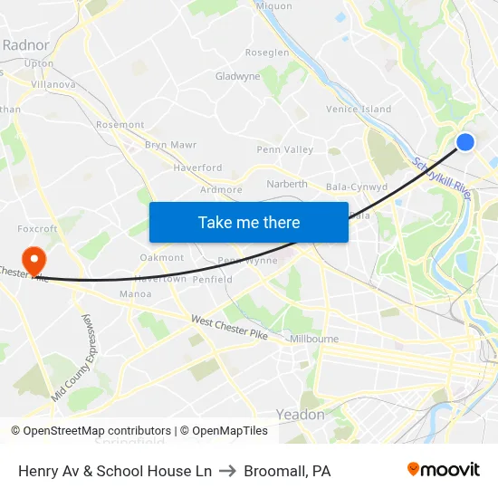 Henry Av & School House Ln to Broomall, PA map