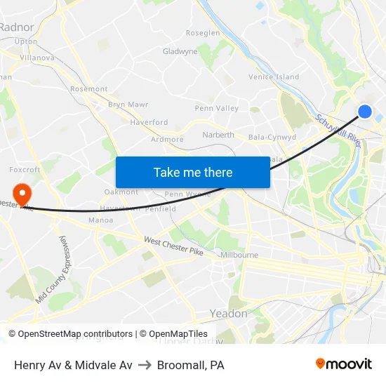 Henry Av & Midvale Av to Broomall, PA map
