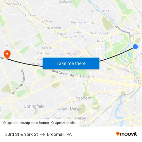33rd St & York St to Broomall, PA map