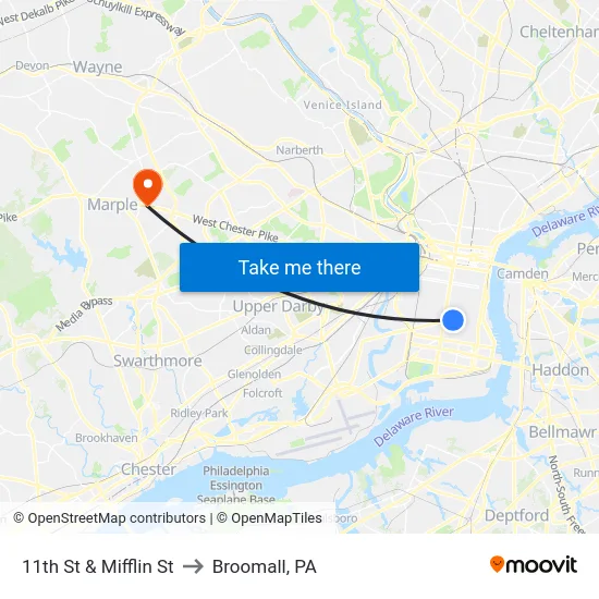 11th St & Mifflin St to Broomall, PA map