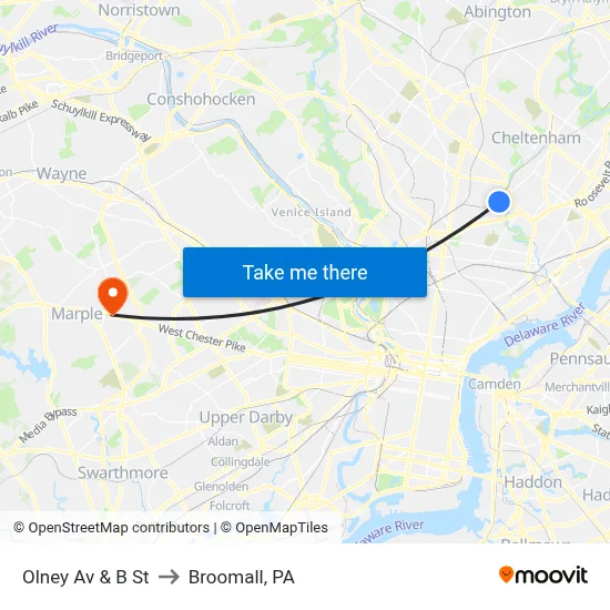 Olney Av & B St to Broomall, PA map