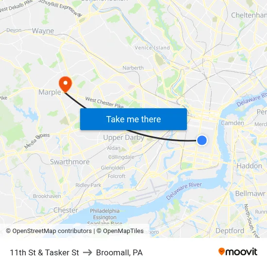 11th St & Tasker St to Broomall, PA map