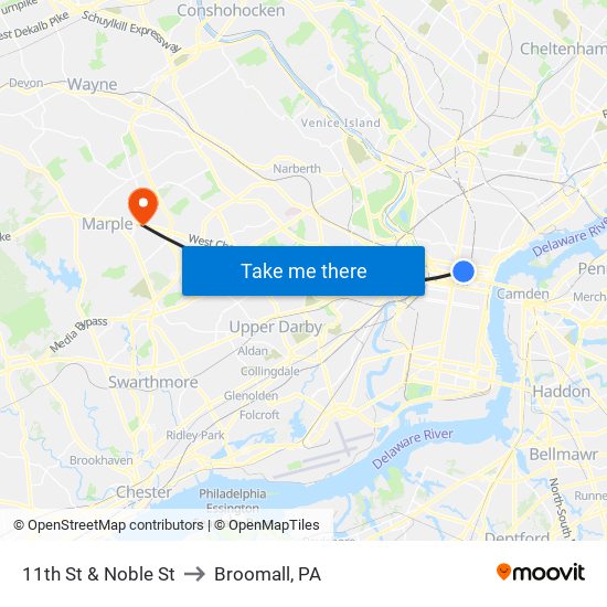 11th St & Noble St to Broomall, PA map
