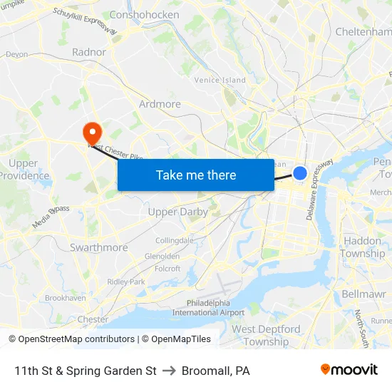 11th St & Spring Garden St to Broomall, PA map