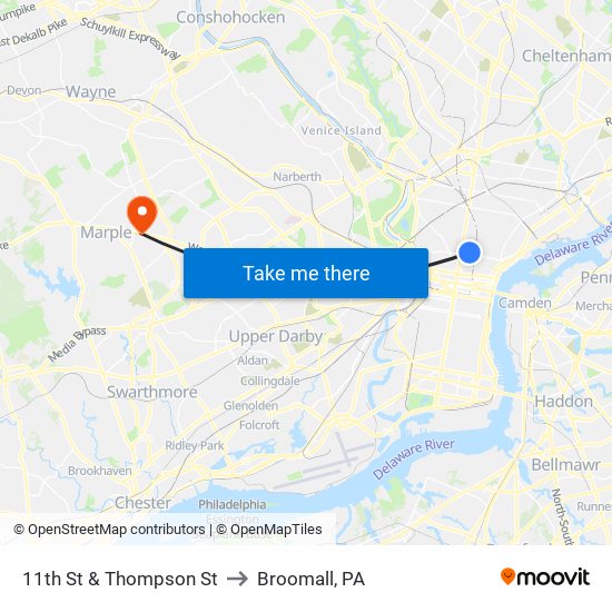 11th St & Thompson St to Broomall, PA map