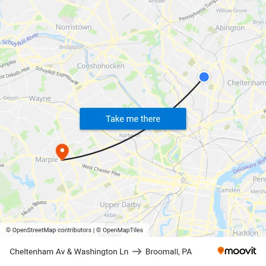 Cheltenham Av & Washington Ln to Broomall, PA map