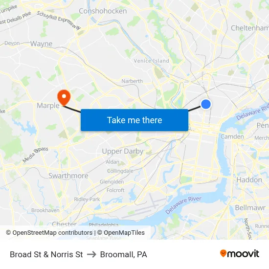 Broad St & Norris St to Broomall, PA map