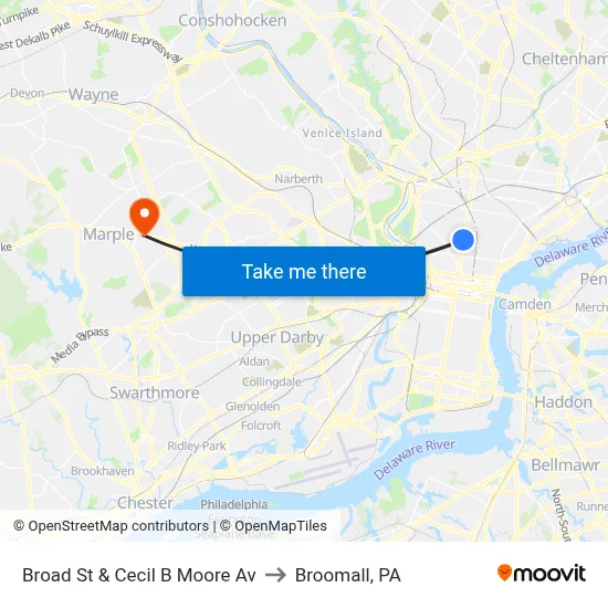 Broad St & Cecil B Moore Av to Broomall, PA map