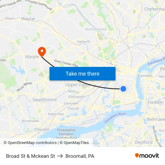 Broad St & Mckean St to Broomall, PA map