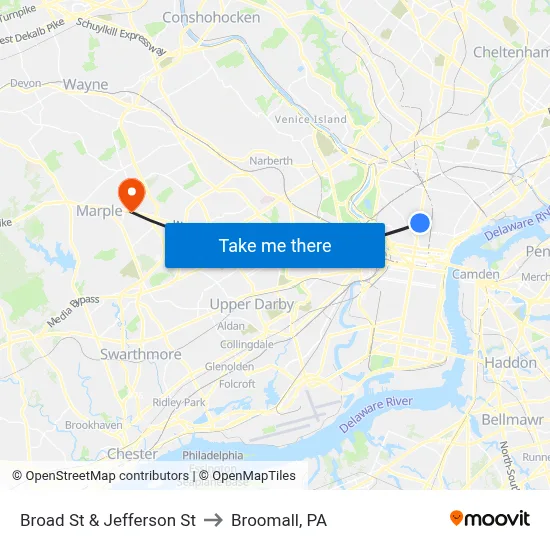 Broad St & Jefferson St to Broomall, PA map