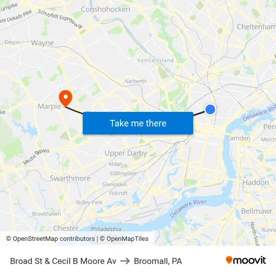 Broad St & Cecil B Moore Av to Broomall, PA map