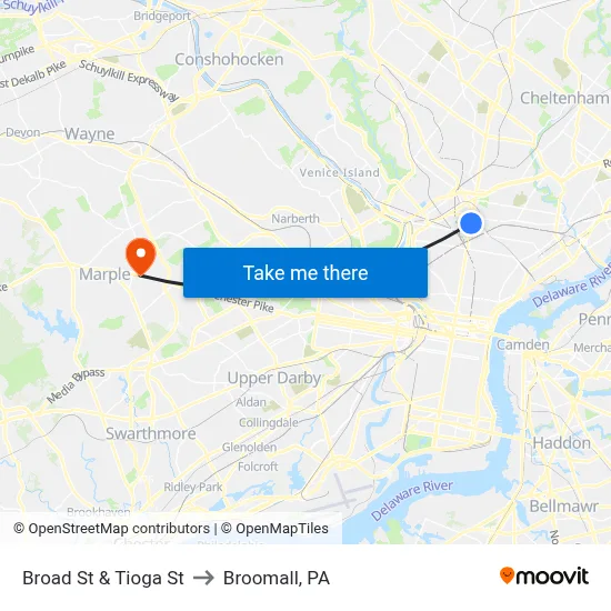 Broad St & Tioga St to Broomall, PA map