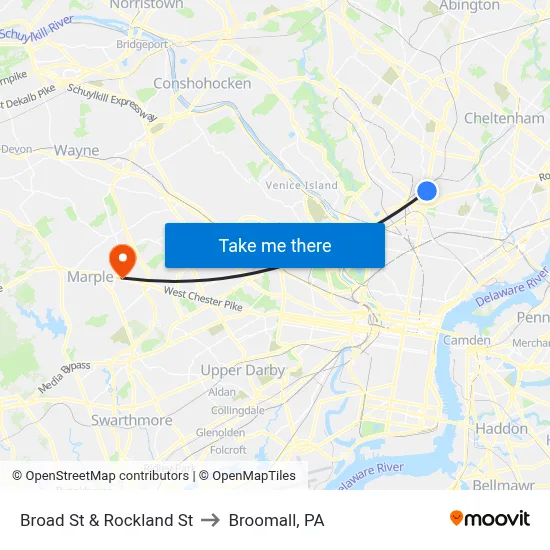 Broad St & Rockland St to Broomall, PA map