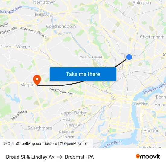 Broad St & Lindley Av to Broomall, PA map
