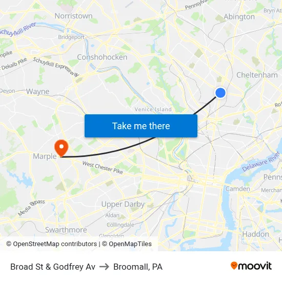 Broad St & Godfrey Av to Broomall, PA map