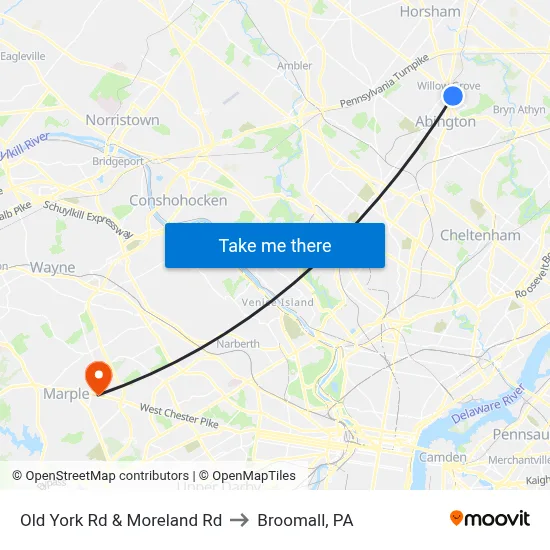 Old York Rd & Moreland Rd to Broomall, PA map