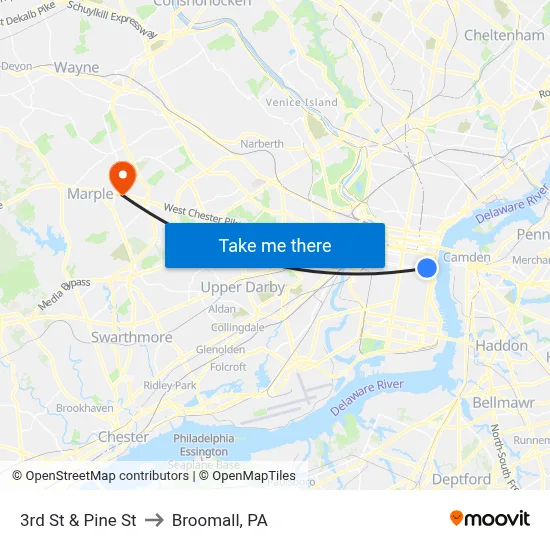 3rd St & Pine St to Broomall, PA map