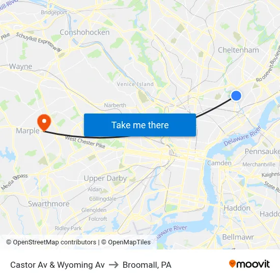 Castor Av & Wyoming Av to Broomall, PA map