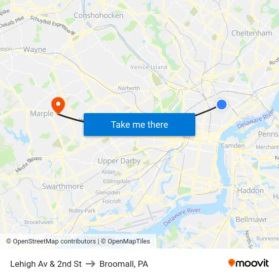 Lehigh Av & 2nd St to Broomall, PA map