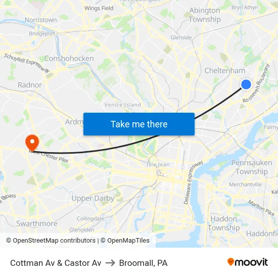 Cottman Av & Castor Av to Broomall, PA map