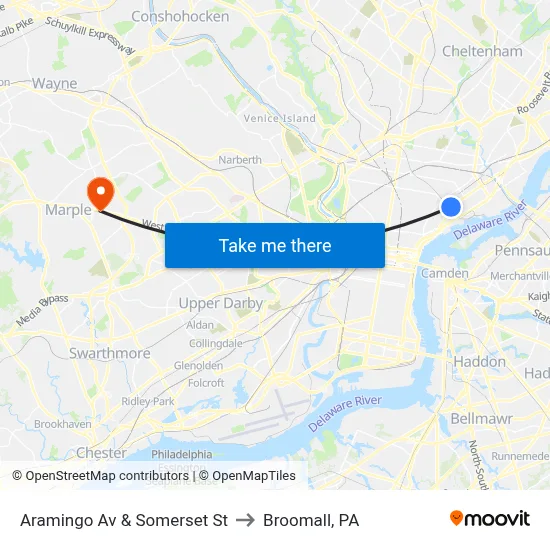 Aramingo Av & Somerset St to Broomall, PA map