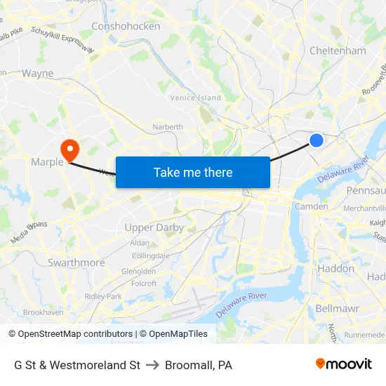 G St & Westmoreland St to Broomall, PA map