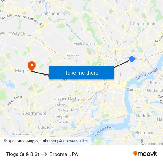 Tioga St & B St to Broomall, PA map