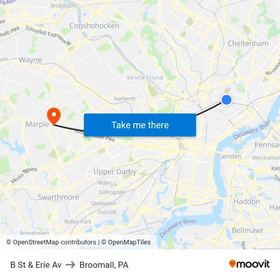 B St & Erie Av to Broomall, PA map