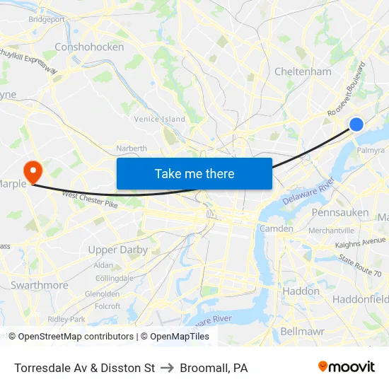 Torresdale Av & Disston St to Broomall, PA map