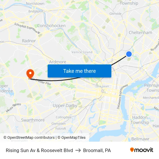 Rising Sun Av & Roosevelt Blvd to Broomall, PA map