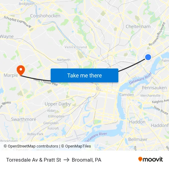 Torresdale Av & Pratt St to Broomall, PA map