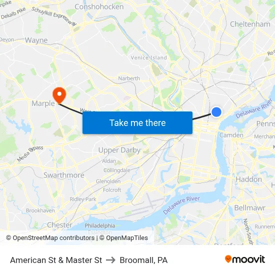 American St & Master St to Broomall, PA map