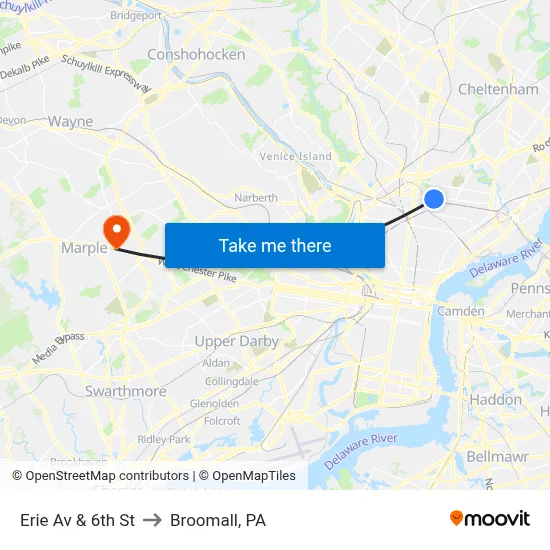 Erie Av & 6th St to Broomall, PA map