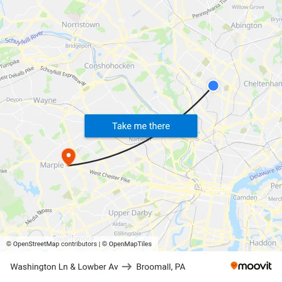 Washington Ln & Lowber Av to Broomall, PA map