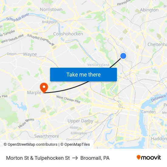 Morton St & Tulpehocken St to Broomall, PA map