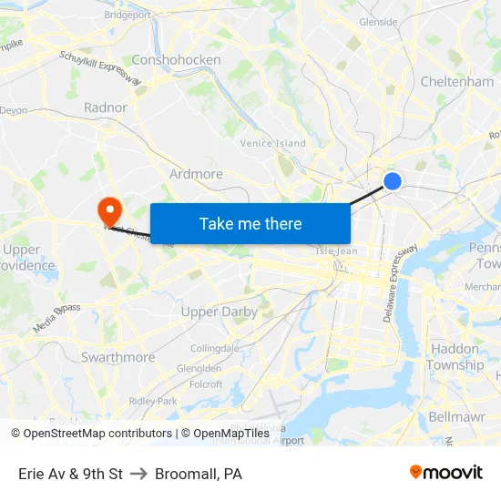 Erie Av & 9th St to Broomall, PA map