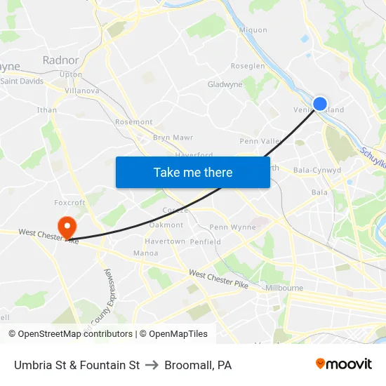 Umbria St & Fountain St to Broomall, PA map