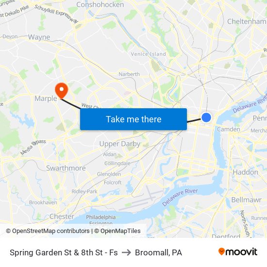 Spring Garden St & 8th St - Fs to Broomall, PA map