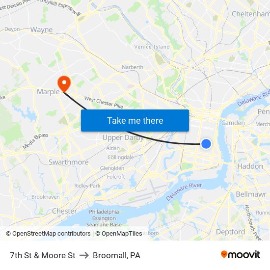 7th St & Moore St to Broomall, PA map