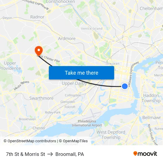 7th St & Morris St to Broomall, PA map