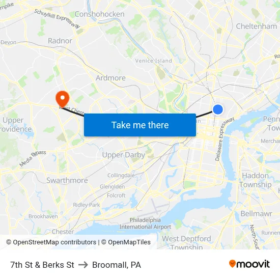 7th St & Berks St to Broomall, PA map