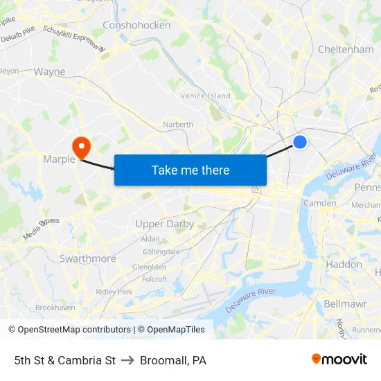 5th St & Cambria St to Broomall, PA map